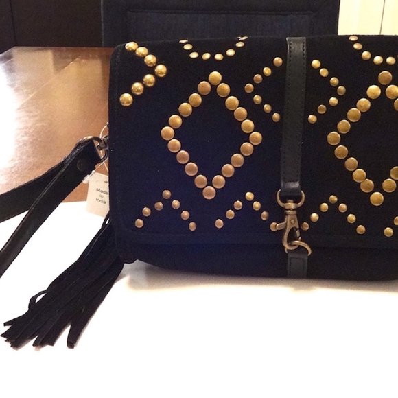 BLACK SUEDE CLUTCH OR CROSS BODY WITH GOLD STUDS A - Picture 5 of 10